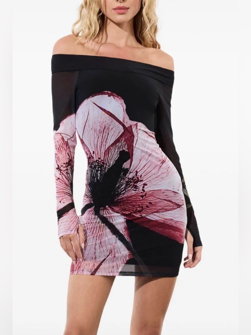 Alice + Olivia Black Mesh Mini Dress with Pink Floral Print